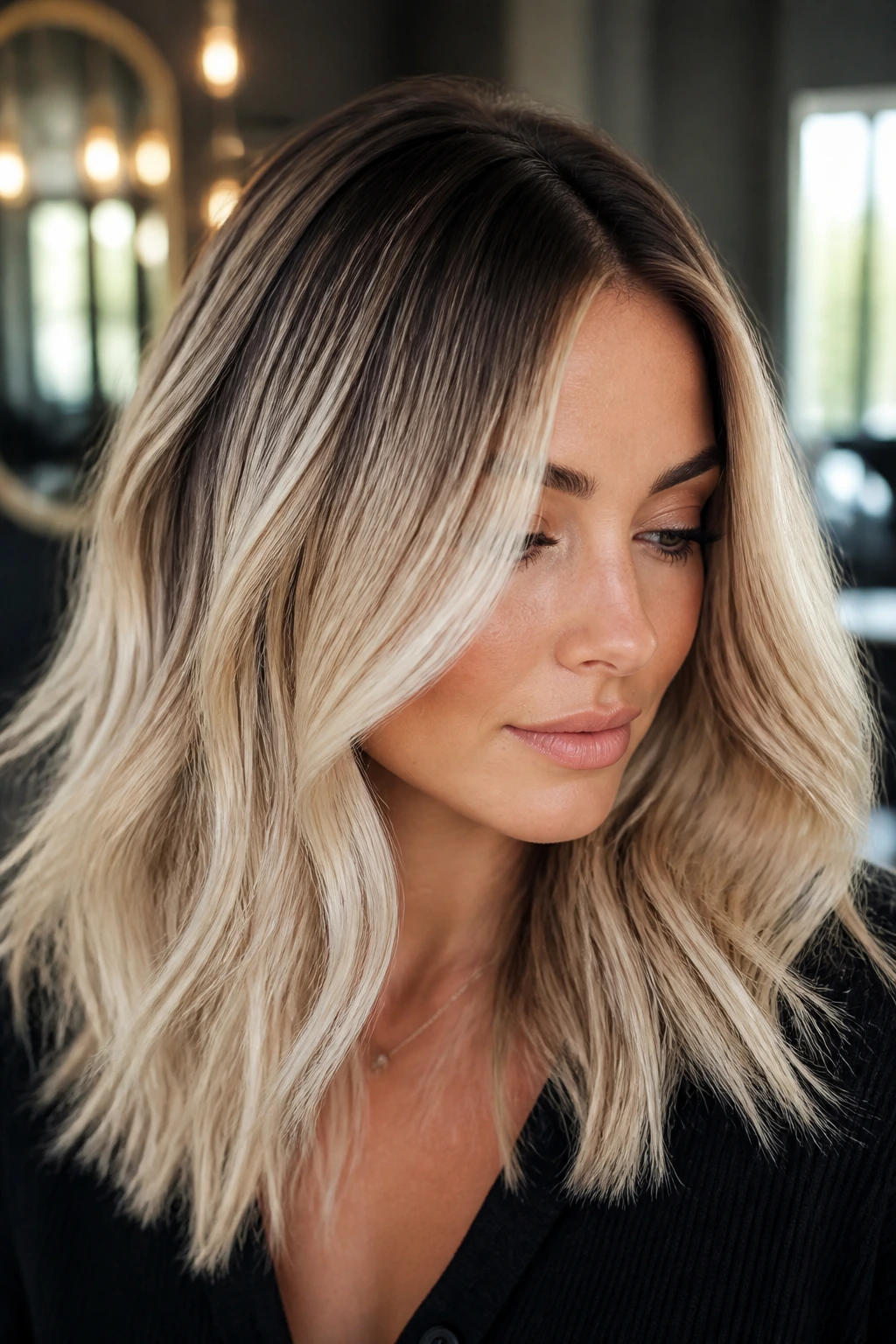 Close-up of a real woman illustrating shape-saving blonde placement