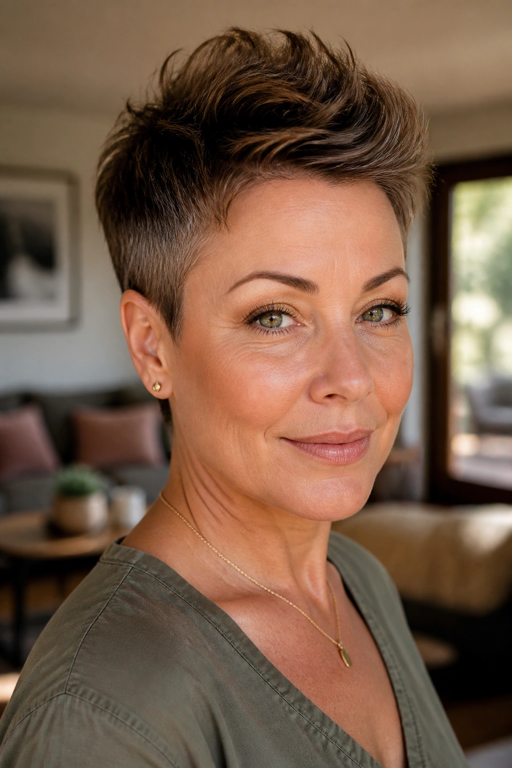 Close-up portrait of a woman with shaped crop and narrow temples, neat sides and lifted top.