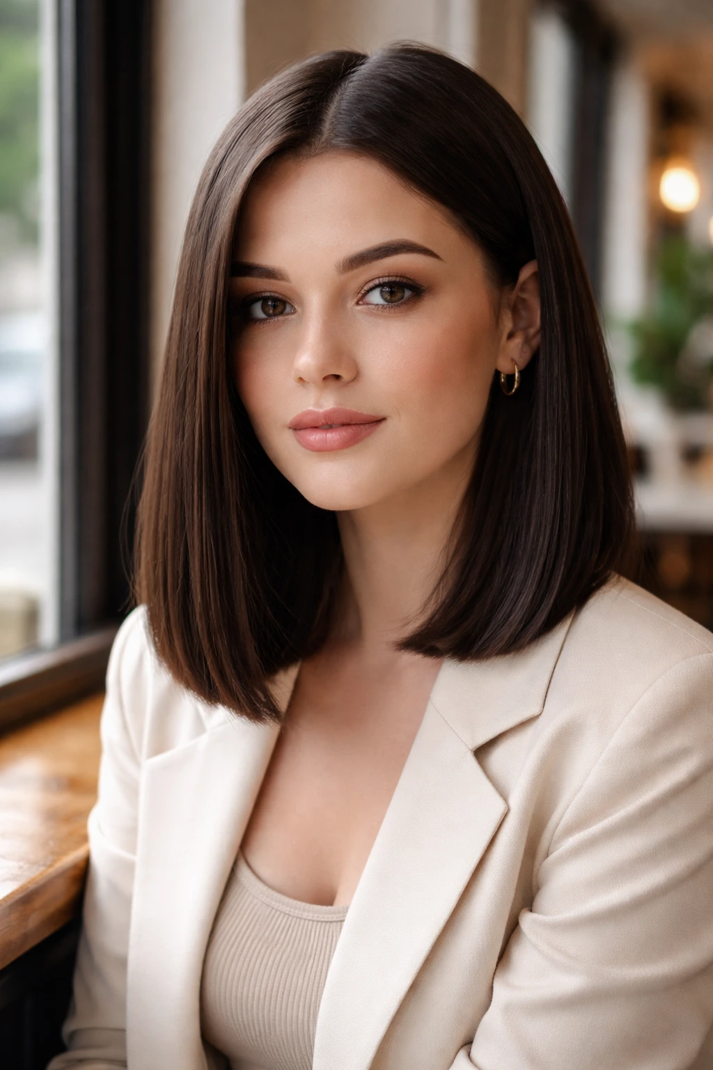 Close-up portrait of a woman with a blunt lob haircut and crisp ends.