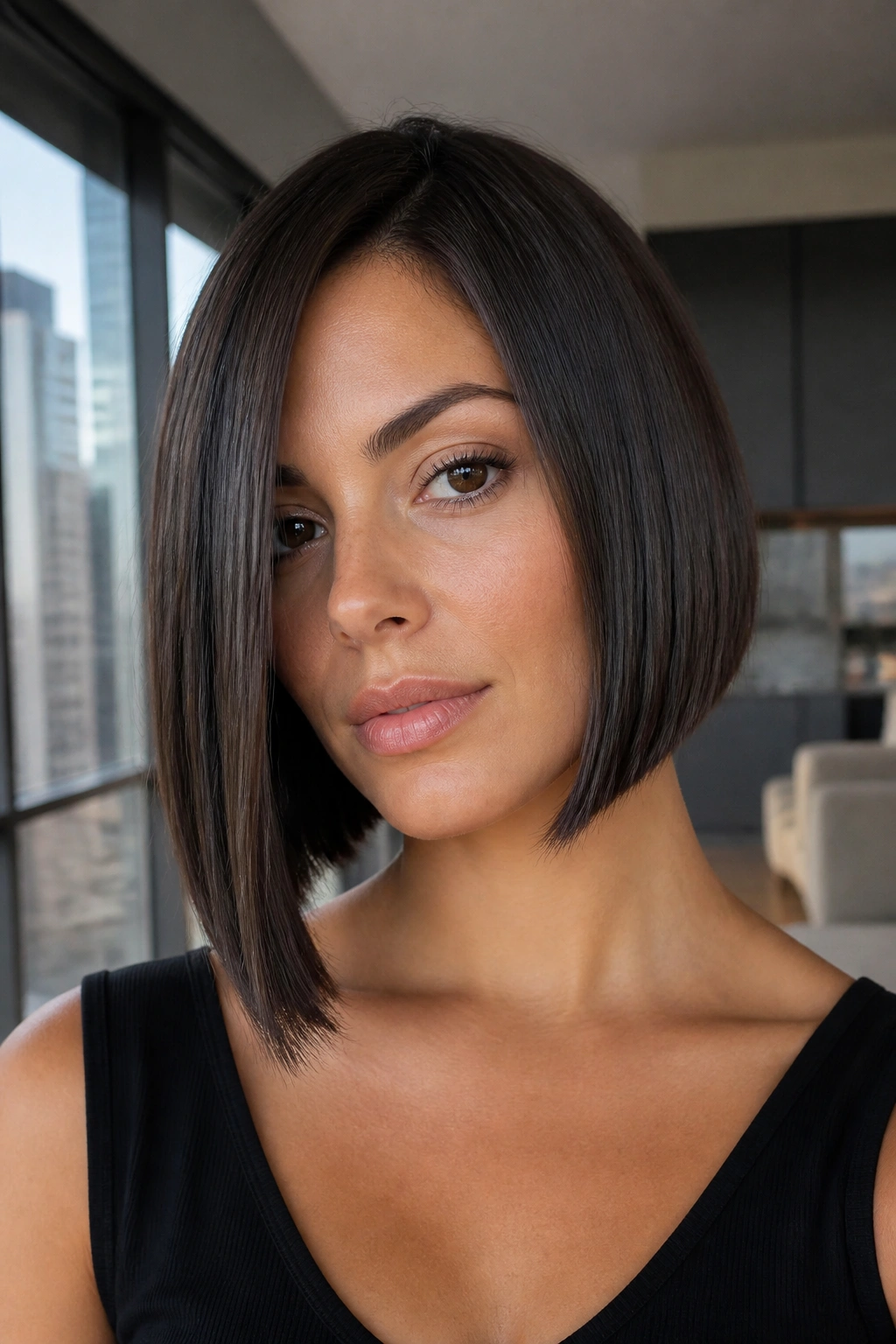 Close-up portrait of a real woman with sharp blunt asymmetrical lob and glassy ends