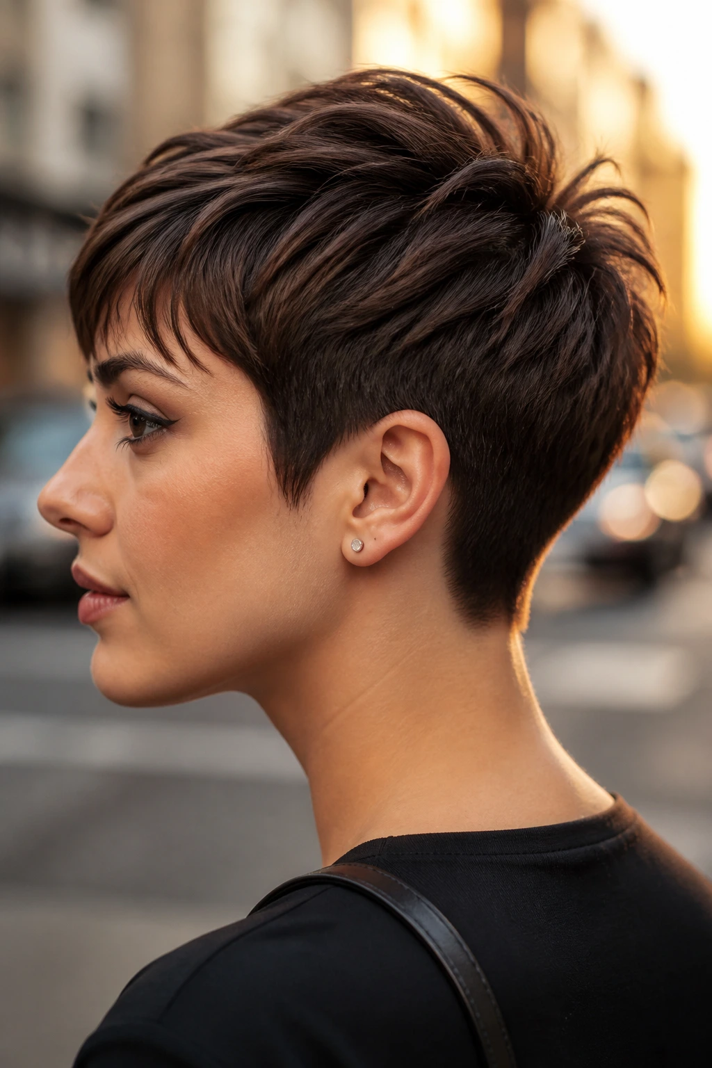 Side profile of a real person with Sharp Nape Pixie haircut