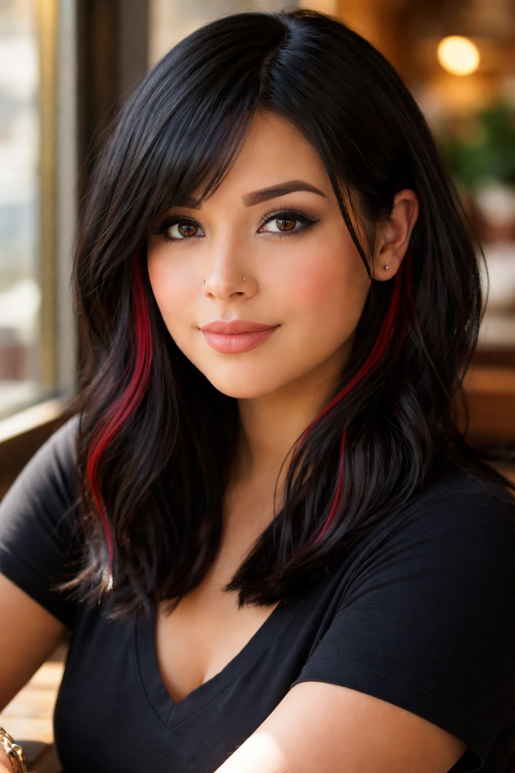 Woman with sharp red accent pieces in black hair near ears