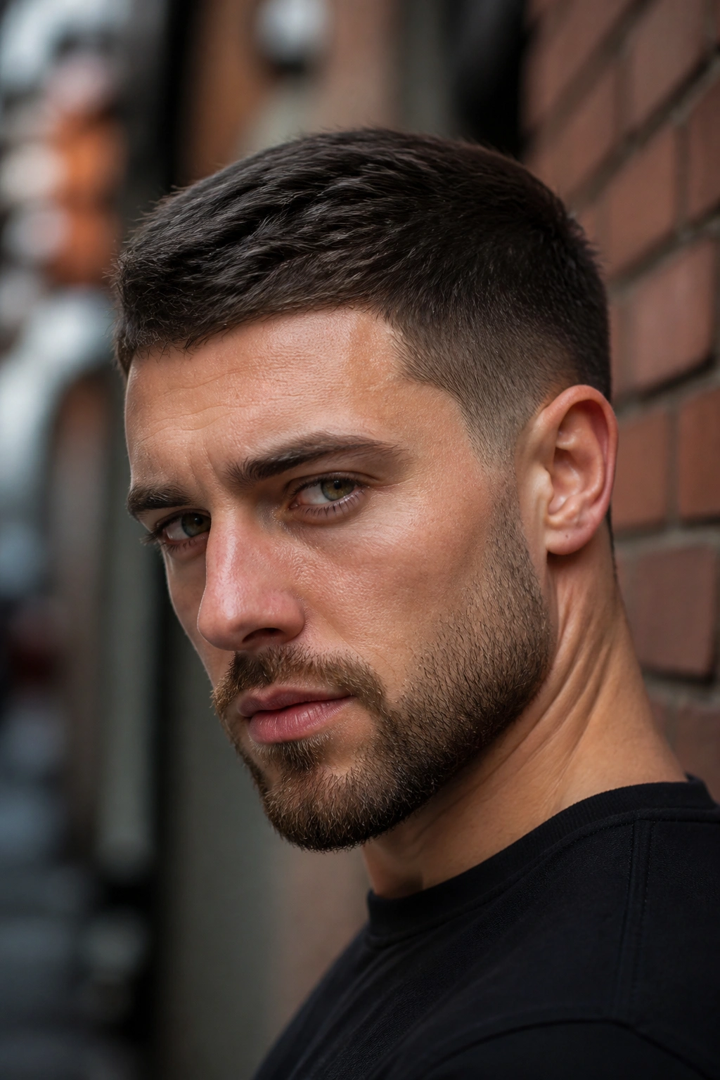 Sharp temple pixie close-up portrait with clean temple line on a real man