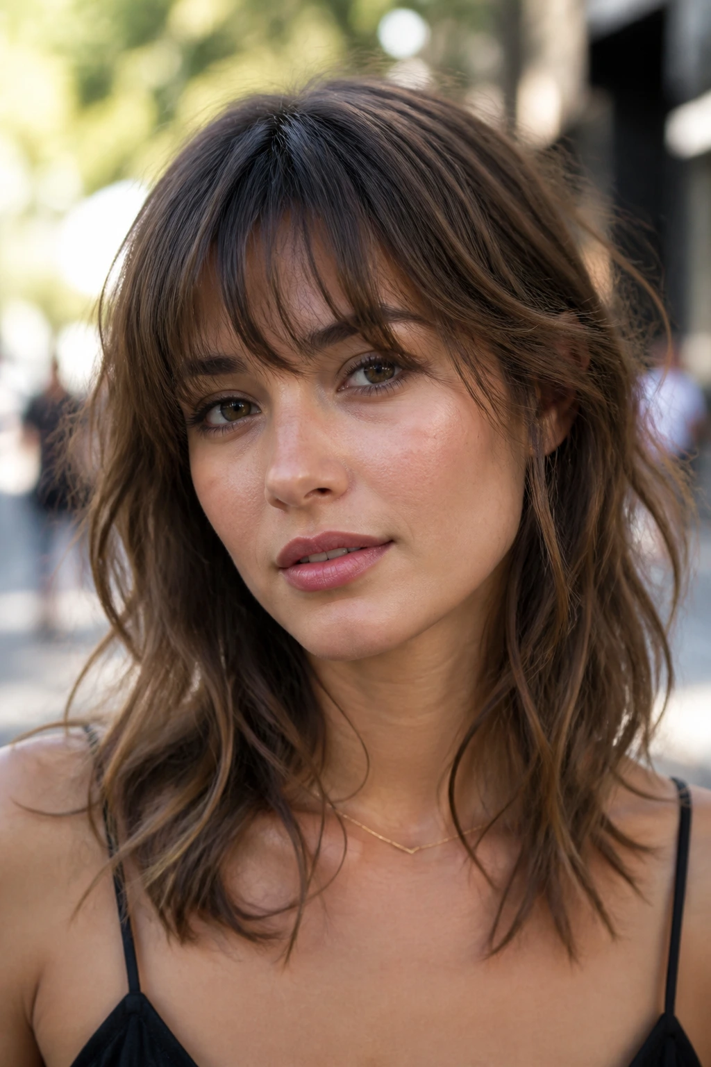 Close-up of Shattered Bangs With Airy Ends on a real woman in an urban street setting