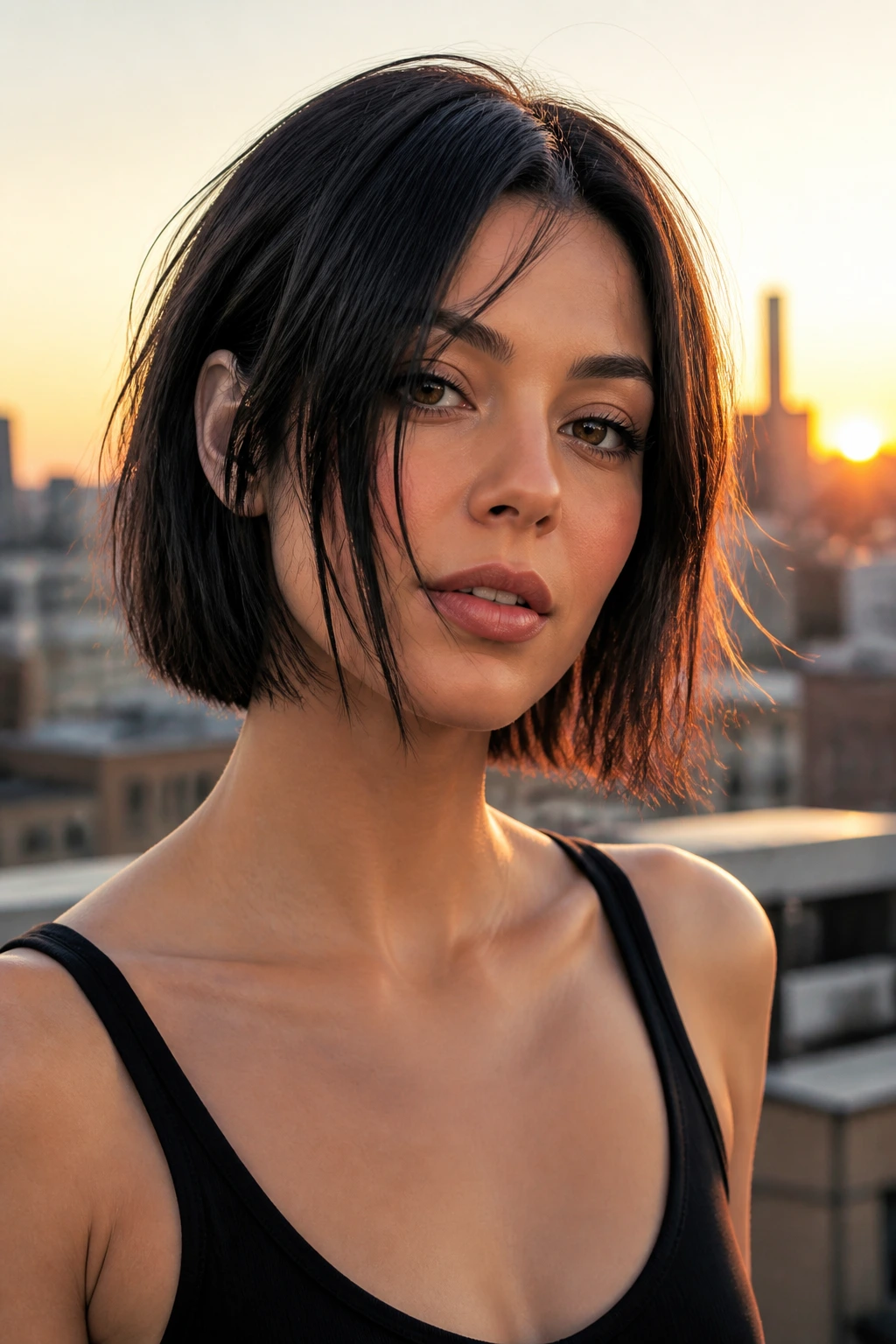 Close-up portrait of a real woman with shattered bob and face-framing pieces