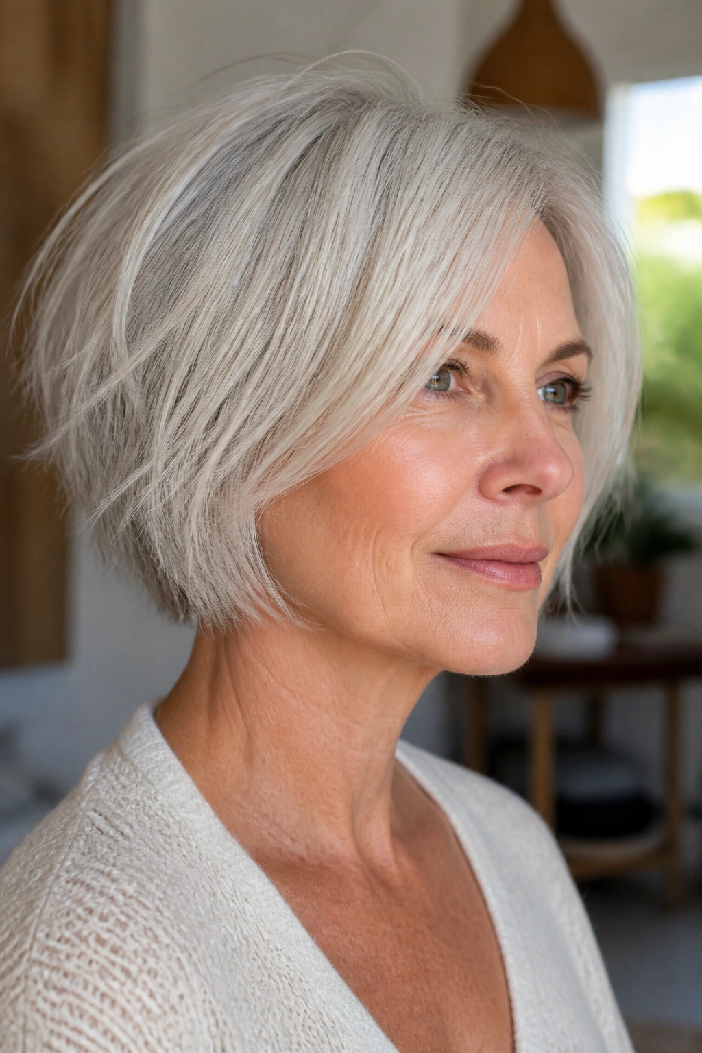 Close-up portrait of a real woman with a shattered textured bob