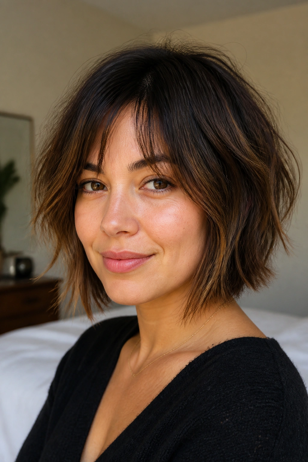 Close-up of real woman with shattered bob and piecey ends on round face in soft natural light