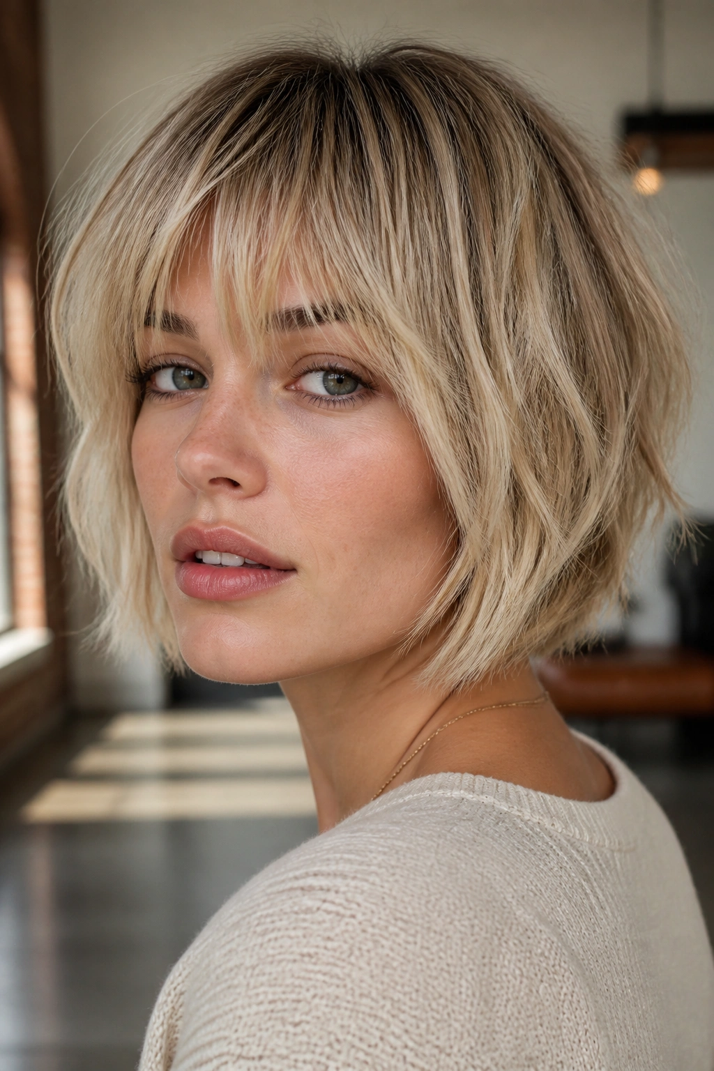 Close-up of a real woman with shattered bob and razored fringe in beige blonde