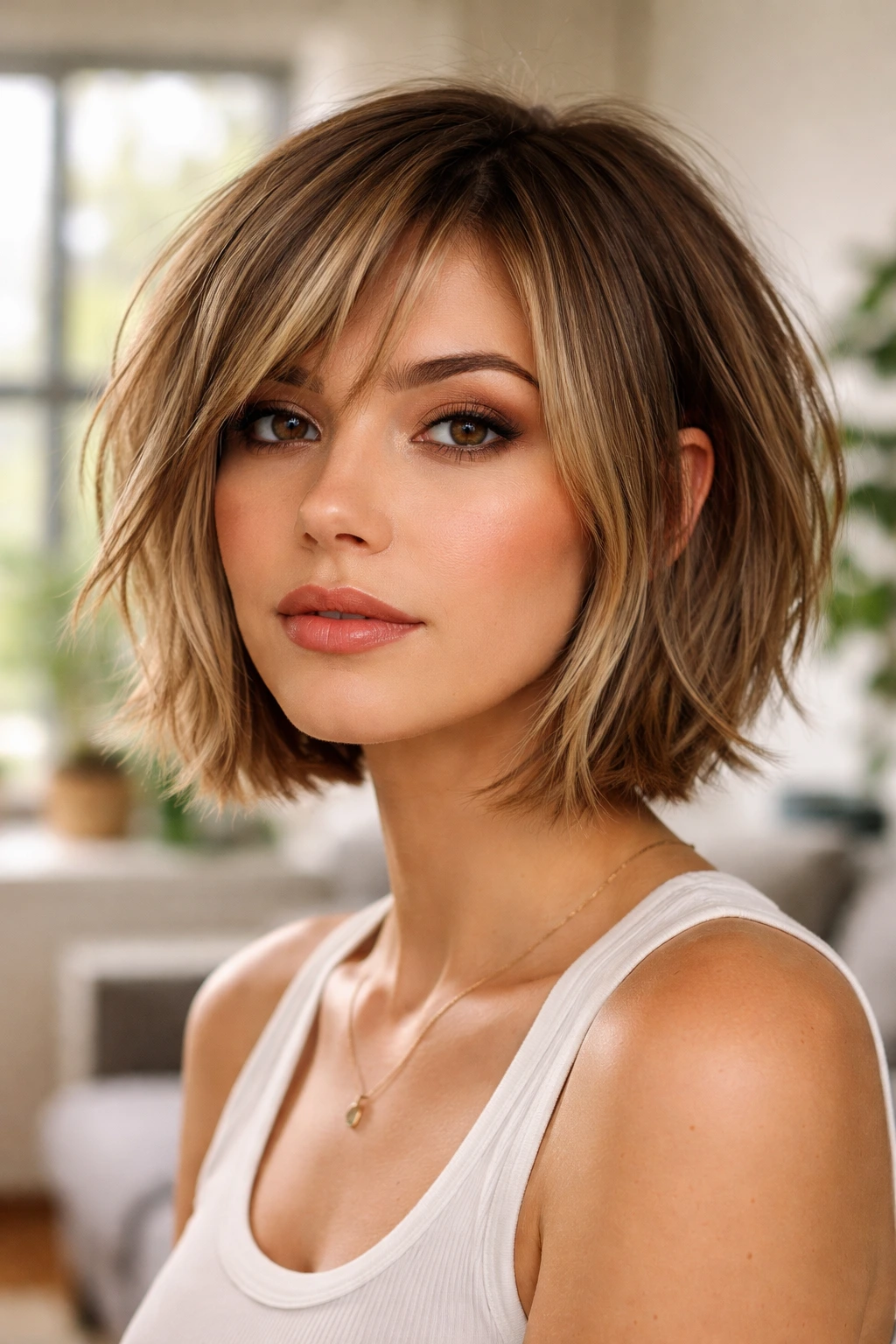 Close-up of a real woman with a chin-length shattered bob and jagged ends