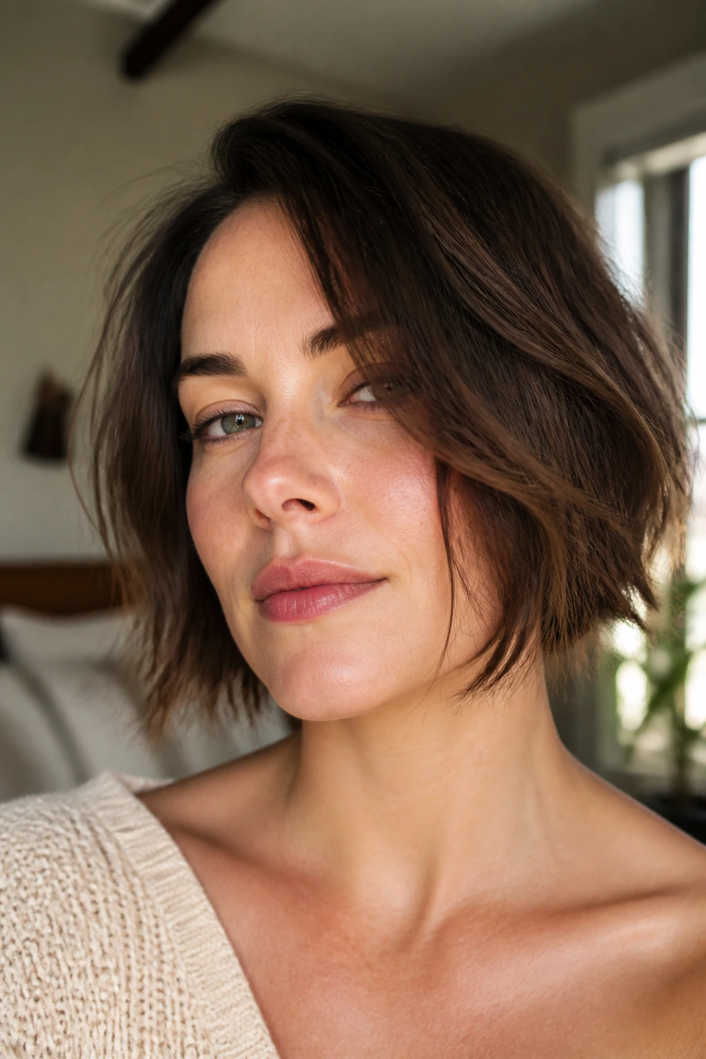 Close-up of real woman with shattered chin-length bob and off-center part
