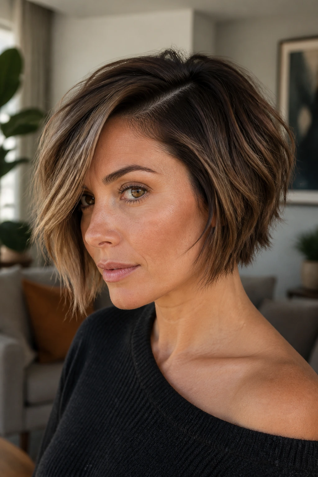 Close-up portrait of a real woman with shattered bob and deep side part in living room daylight