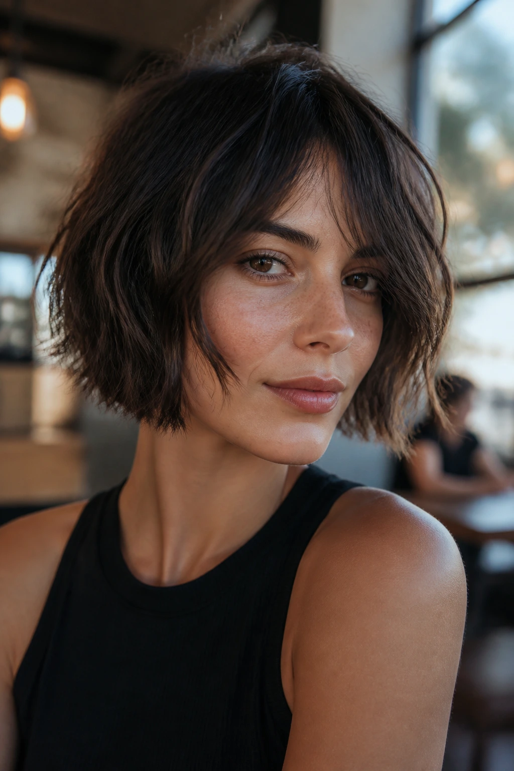 Close-up portrait of a real woman with shattered bob and soft edges in a cafe setting