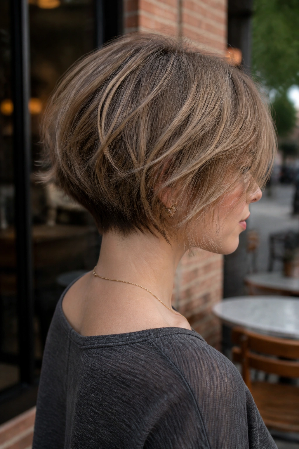 Close-up portrait of a real person with shattered bob and tapered nape in an outdoor cafe setting.