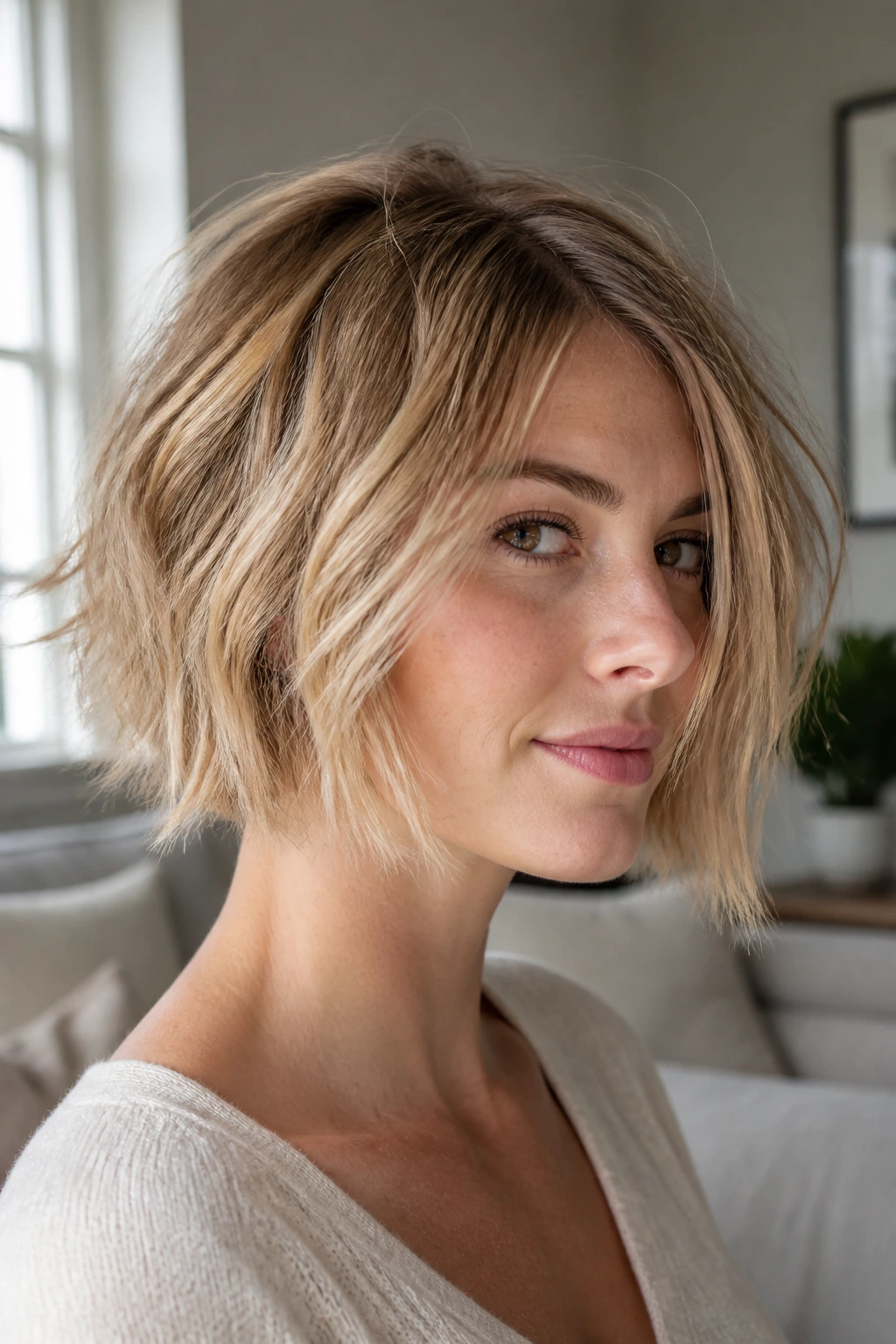 Real woman with shattered bob and light textured ends in natural daylight