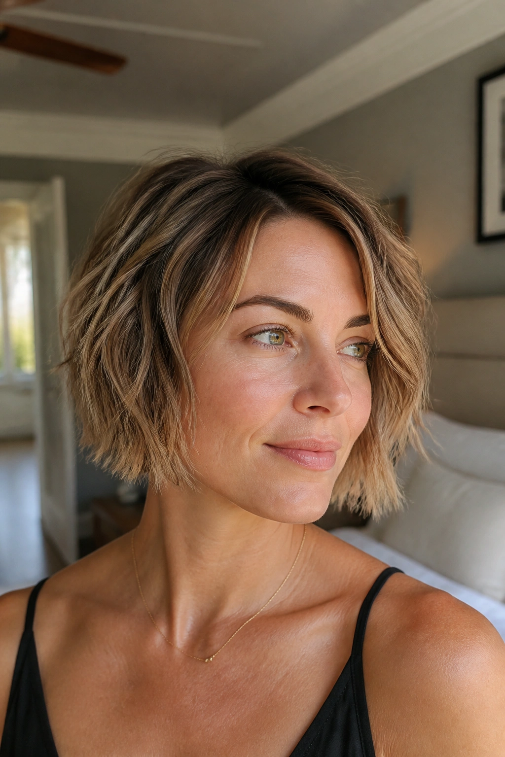 Close-up of real woman with shattered chin-length bob and textured ends in warm light