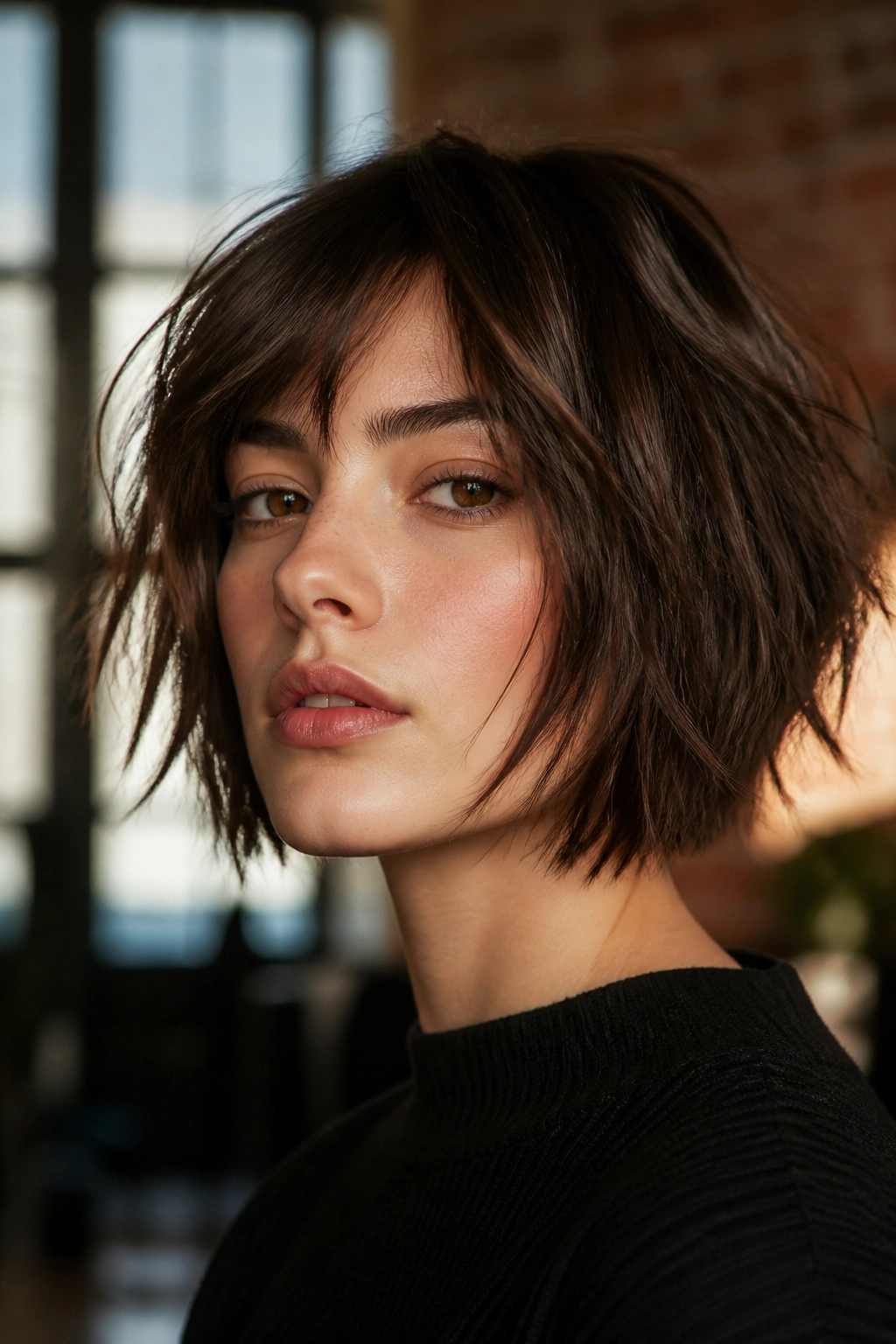 Close-up of a real person with a shattered textured bob hairstyle