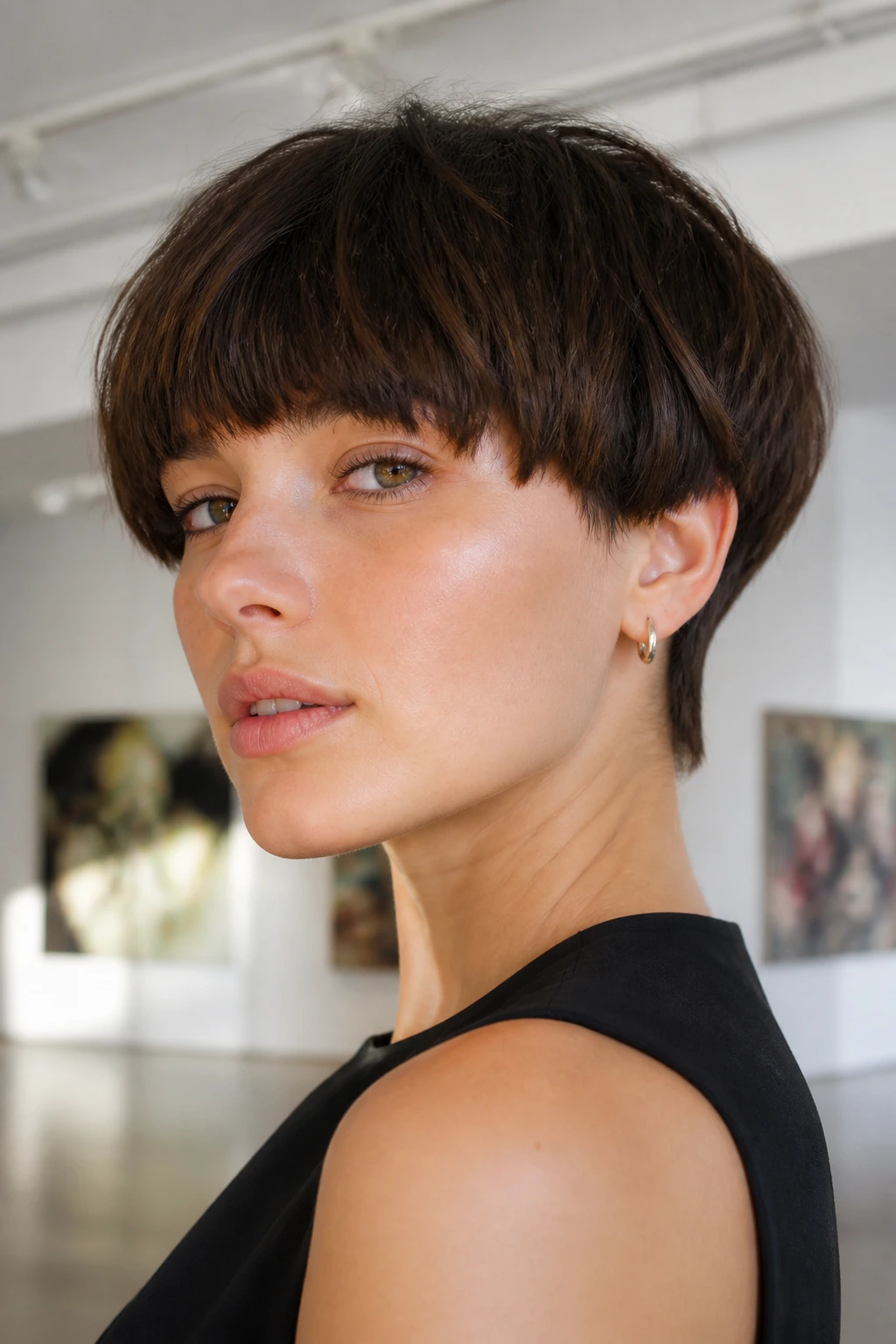 Real woman with shattered bowl cut in bright gallery setting