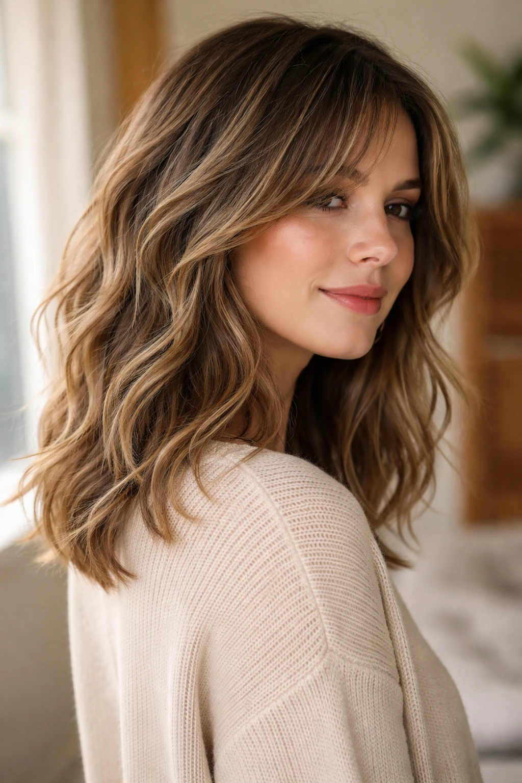 Close-up of a real woman with fine wavy hair and shattered, uneven ends for subtle movement
