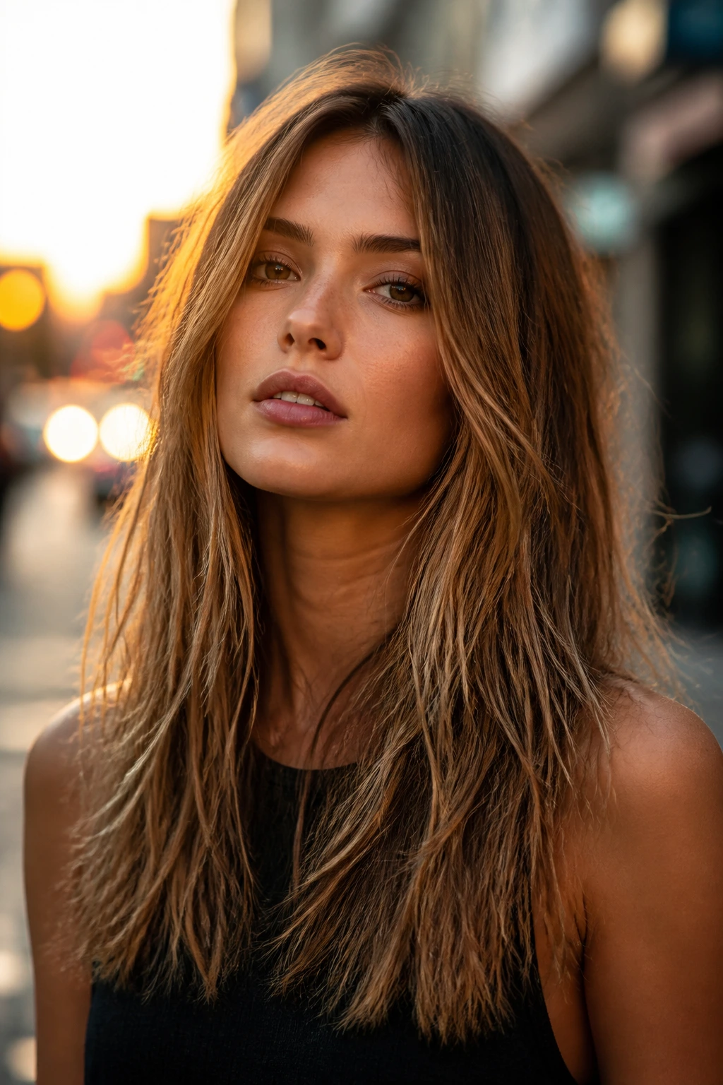 Close-up of a real woman with jagged, textured shattered ends on long hair.