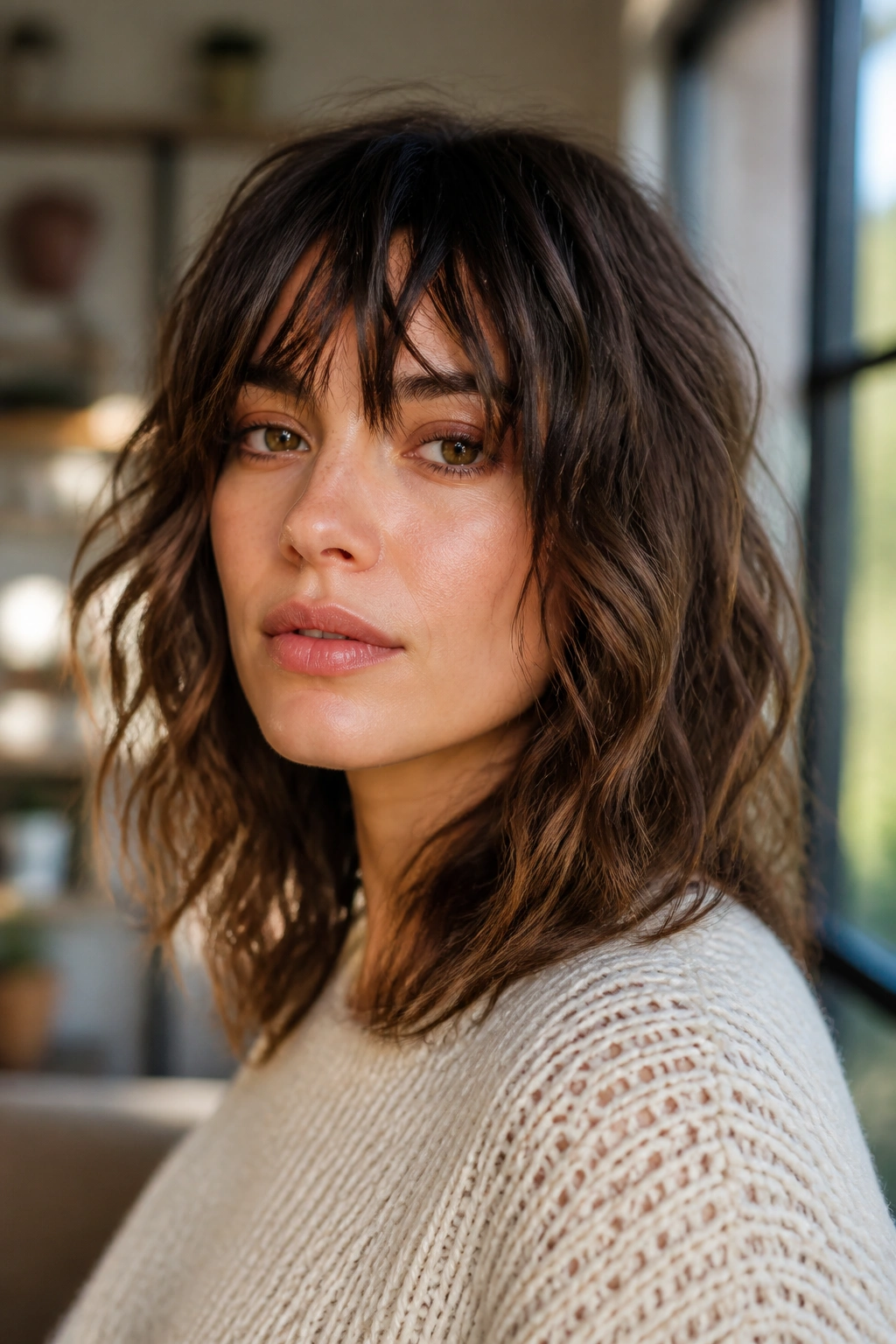Close-up of woman with tousled shoulder-length cut and shattered fringe.
