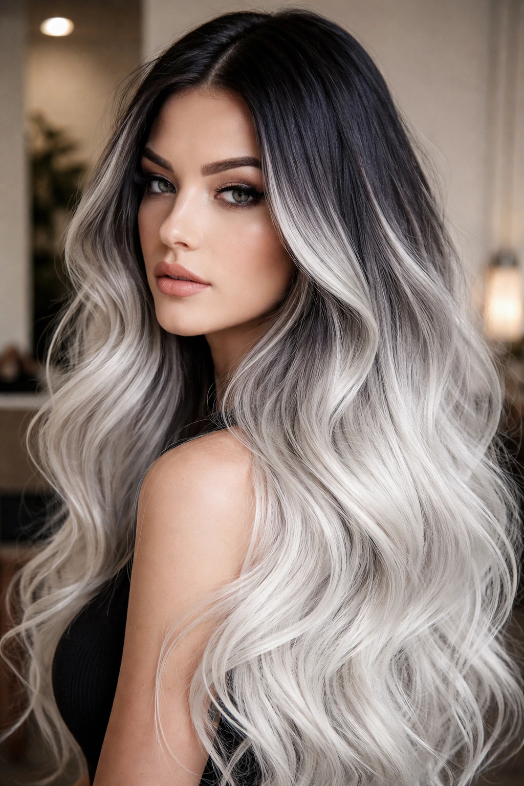 Close-up portrait of a real person with black-grey roots fading to white-silver ends
