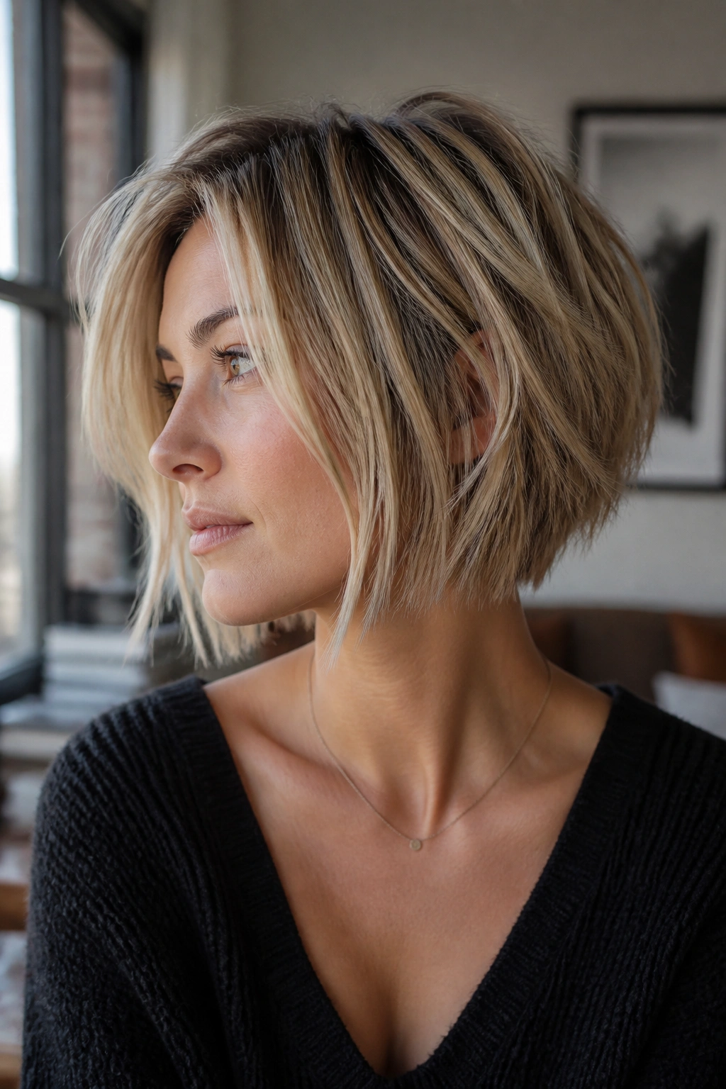 Close-up portrait of a real woman with a lightly textured inverted bob showing piecey ends