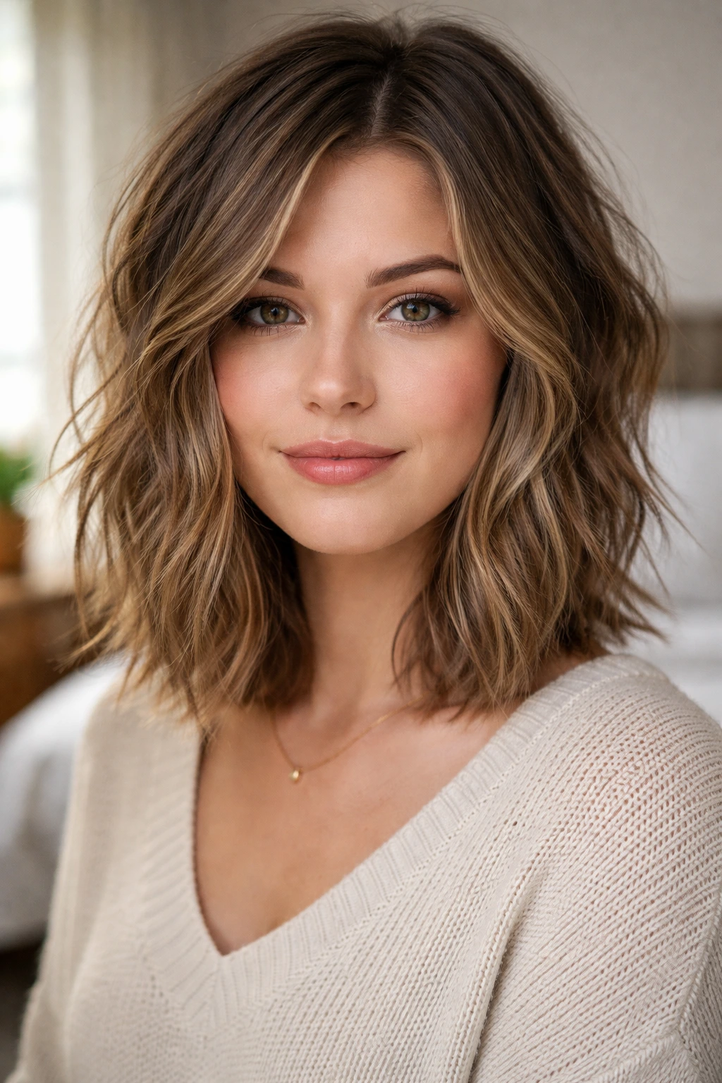 Close-up of a real woman's shattered lob hairstyle with uneven textured ends