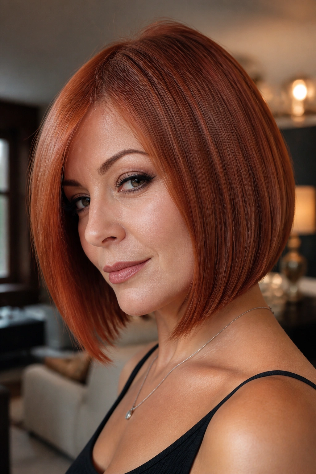 Real woman with a shattered red bob featuring invisible layers and a blunt perimeter.