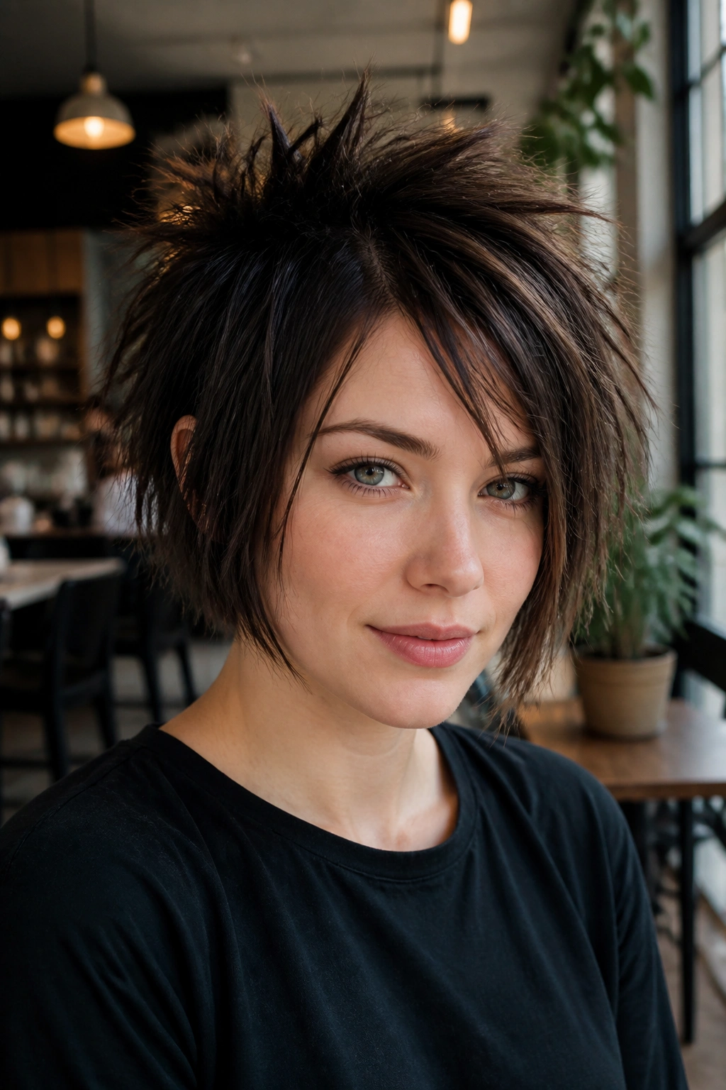 Portrait of a real person with a shattered spiky bob and narrow sides in a cafe setting