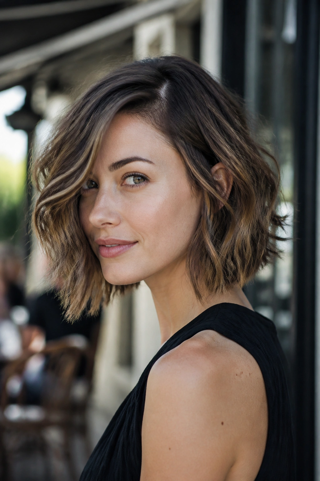 Close-up portrait of a real woman with a shattered wavy bob and side part