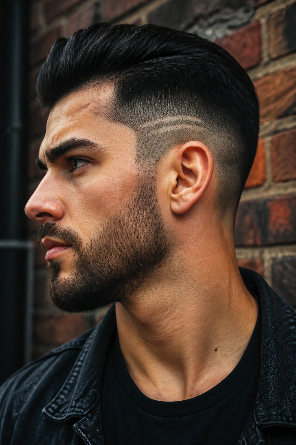 Portrait of a person with shaved design undercut behind the temple.