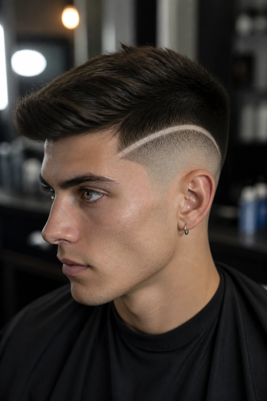 Real person with shaved design undercut featuring a bold curved line along the side