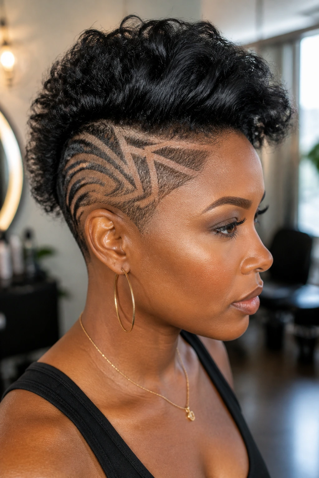 Side-profile of a real person with shaved pattern lines and a mohawk