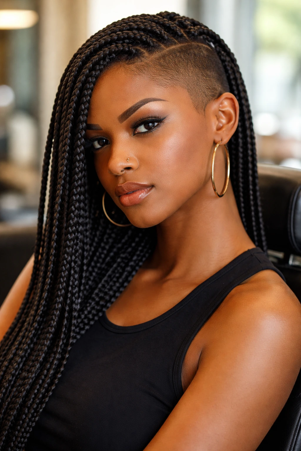 Close-up of a Black woman with a shaved side and box braids in a salon setting