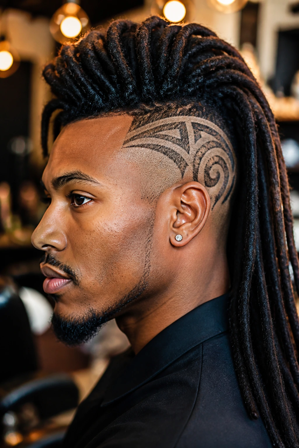 Close-up of real person with shaved side dread designs and mohawk