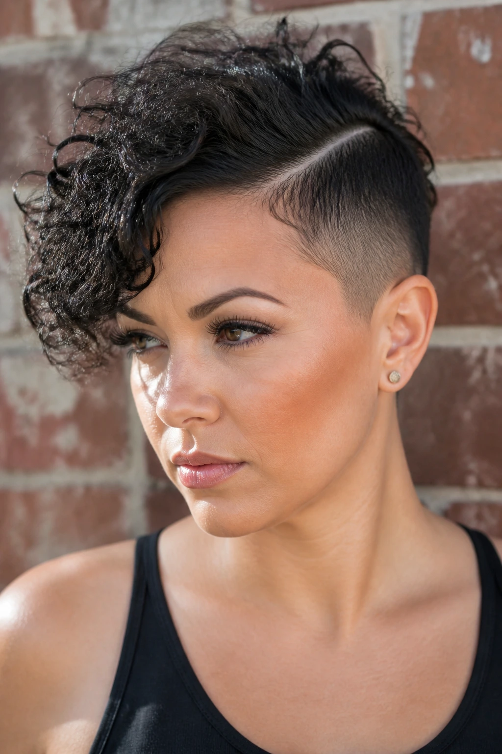 Close-up of a real woman with a shaved side and strong part in a curly pixie
