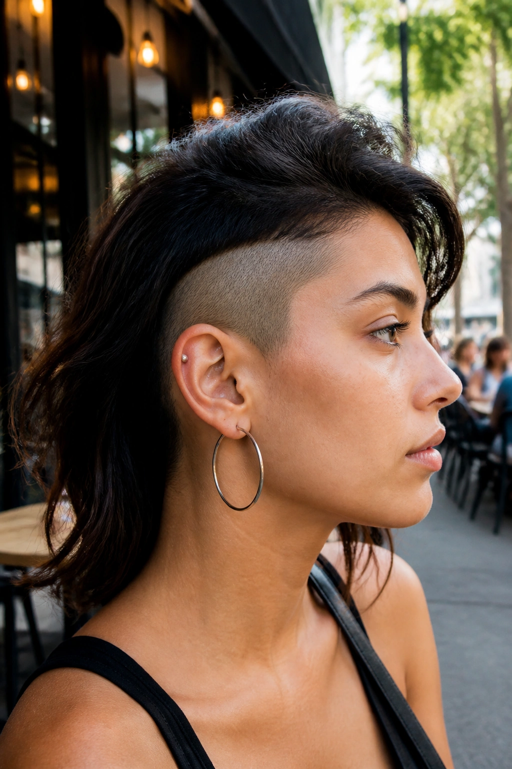 Real person with shaved temple undercut in city cafe setting.