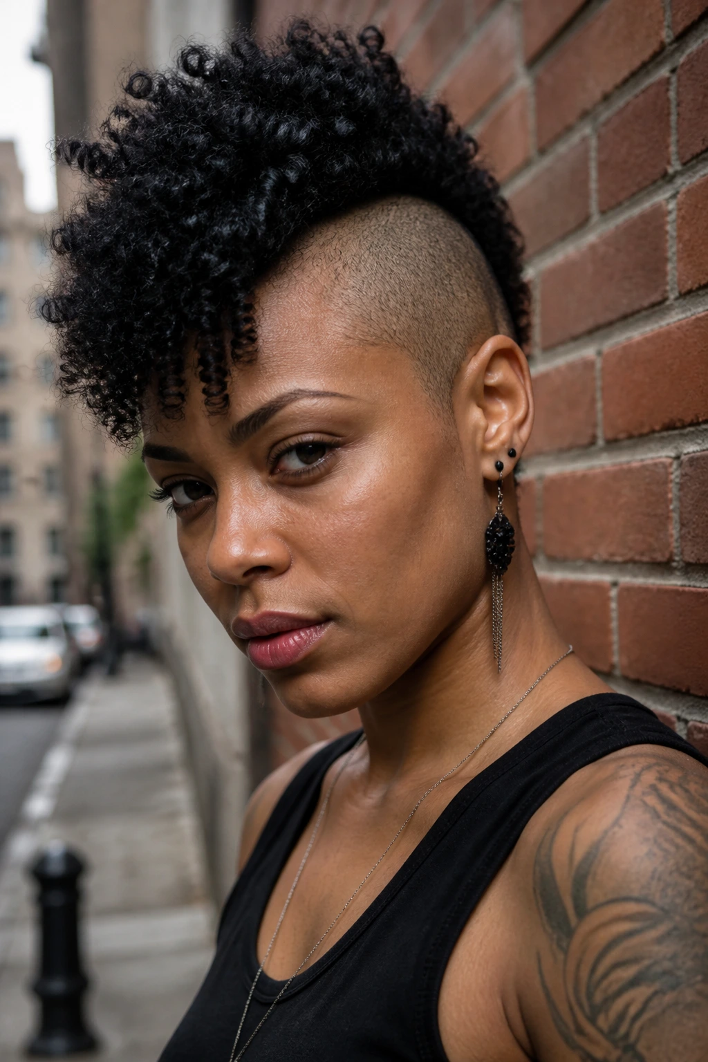 Close-up portrait of a real person with shaved sides and a central Mohawk strip
