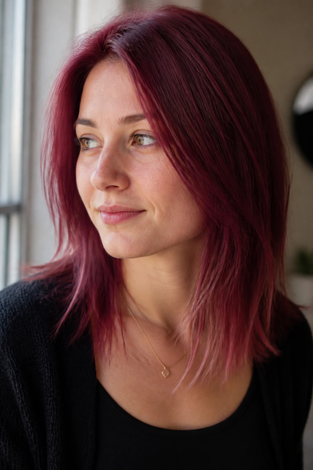 Close-up of a woman with fine hair in sheer cherry burgundy