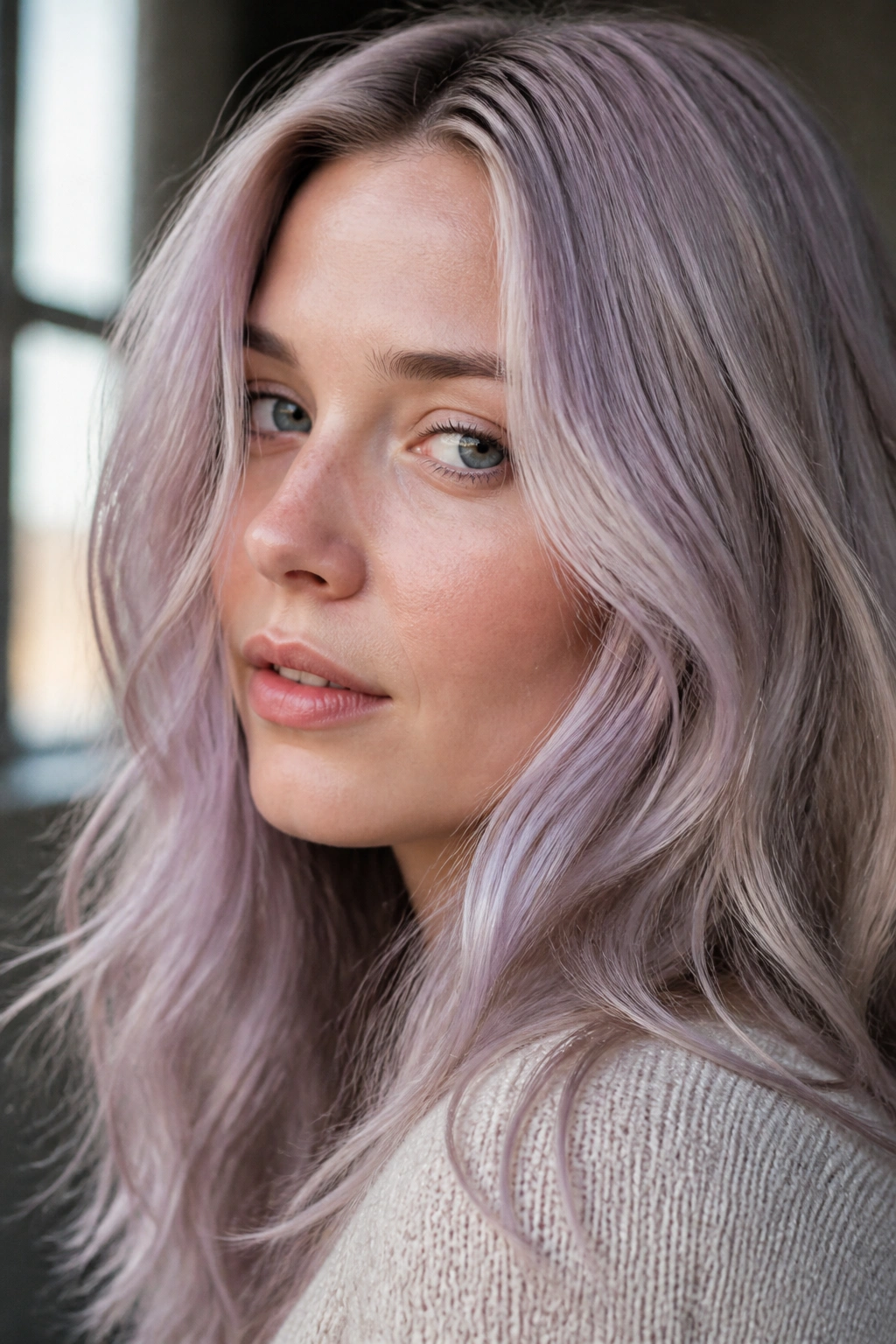Close-up of ash blonde hair with a sheer lilac tint for a lavender veil