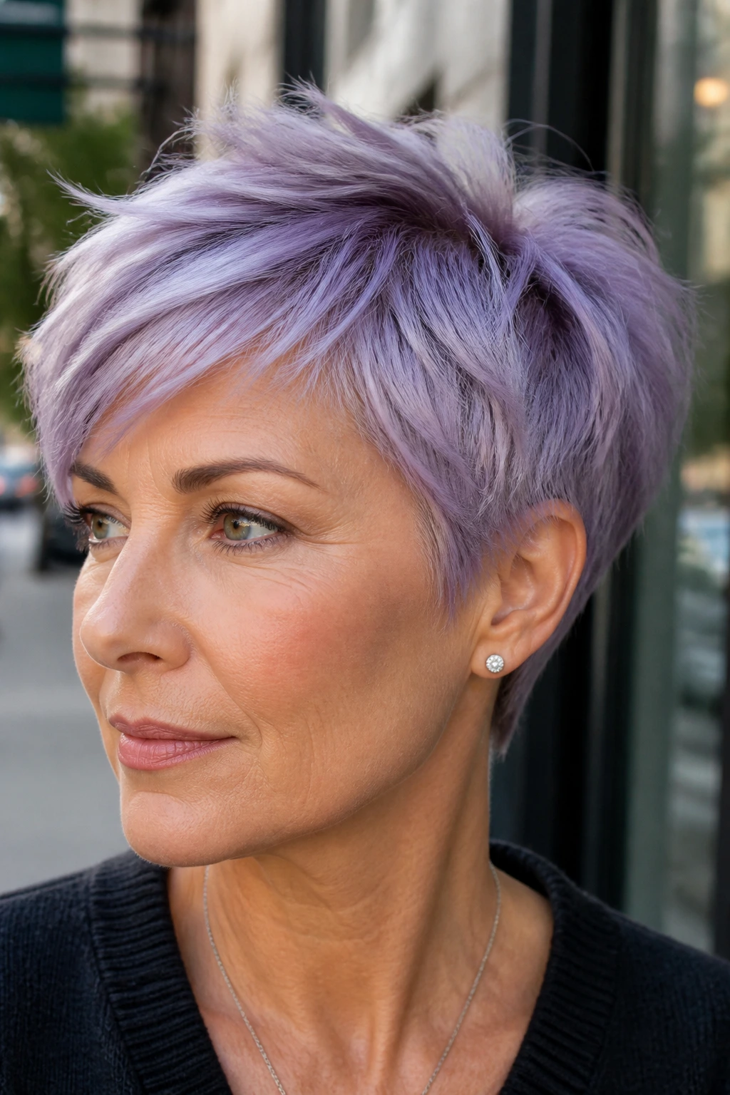 Close-up portrait of a real woman with sheer lilac pixie and wispy layers