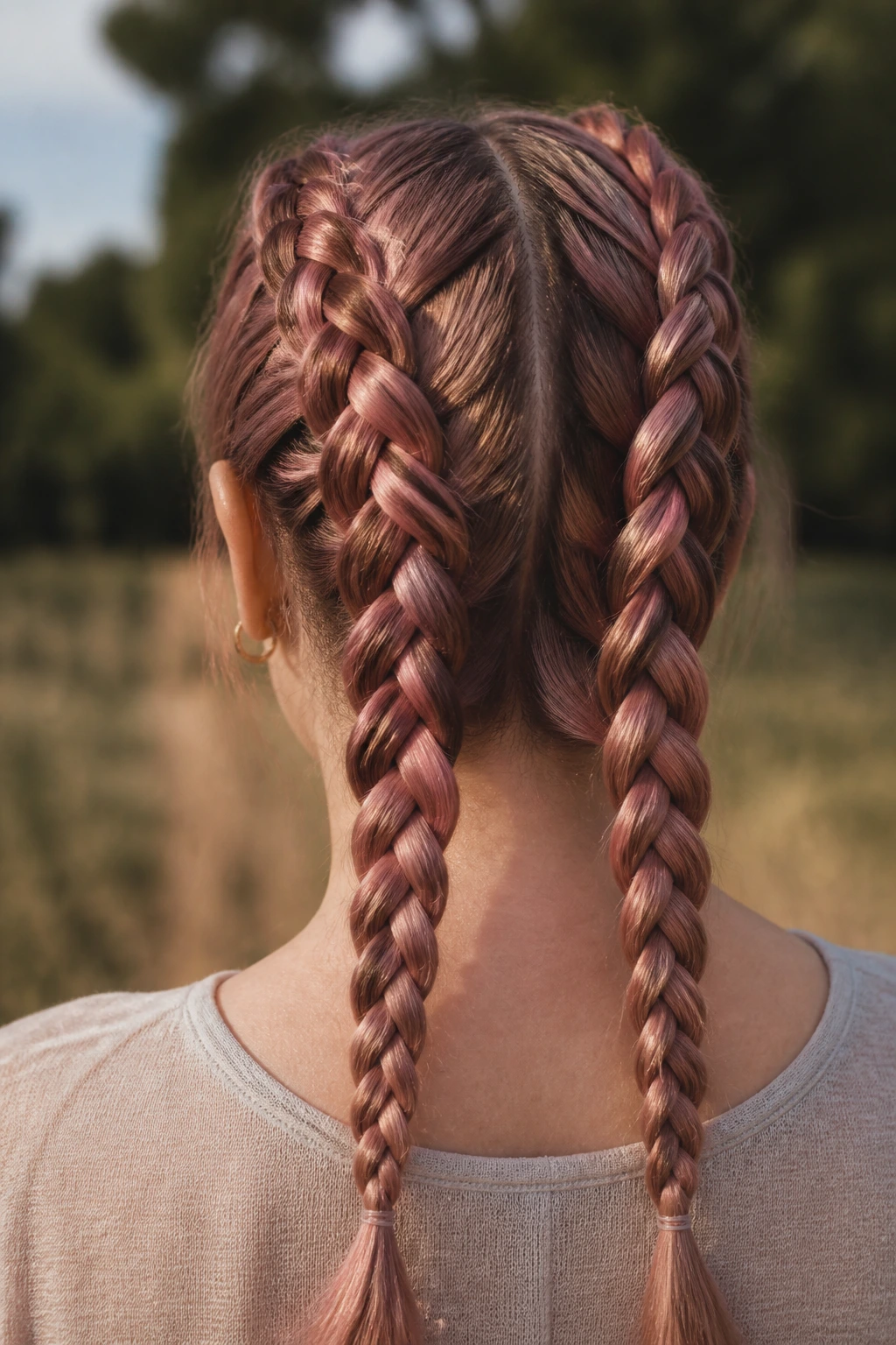 Back-of-head view of a real person with sheer rose gold braids showing glaze in the plaits