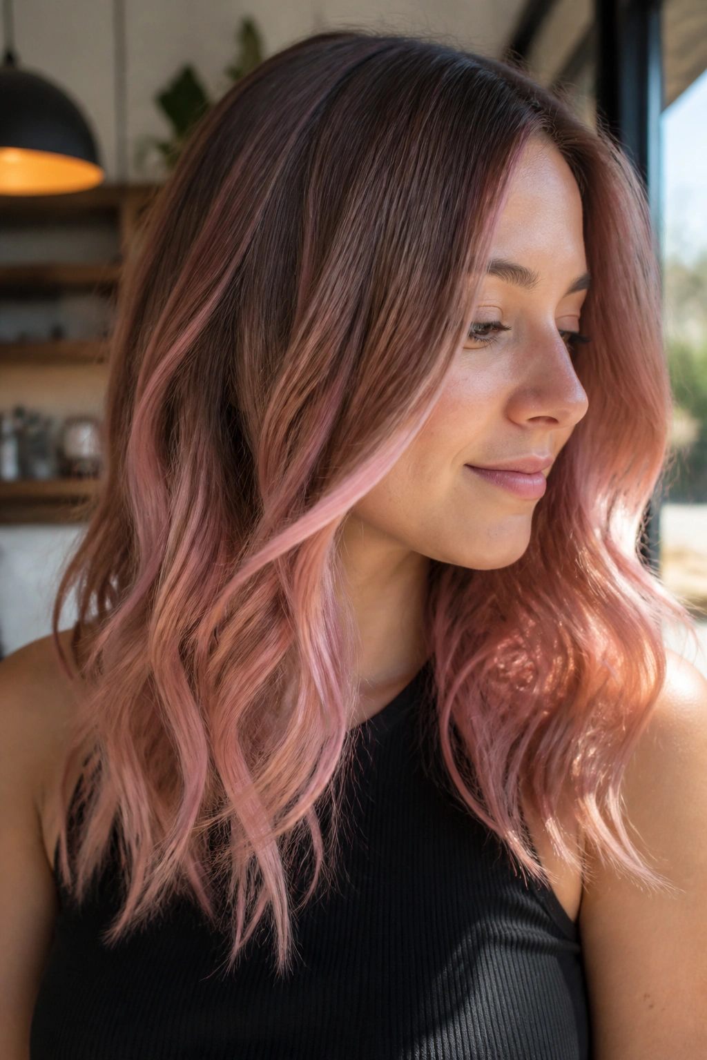 Close-up portrait of a real woman with Sheer Strawberry Milkshake Balayage on brown hair