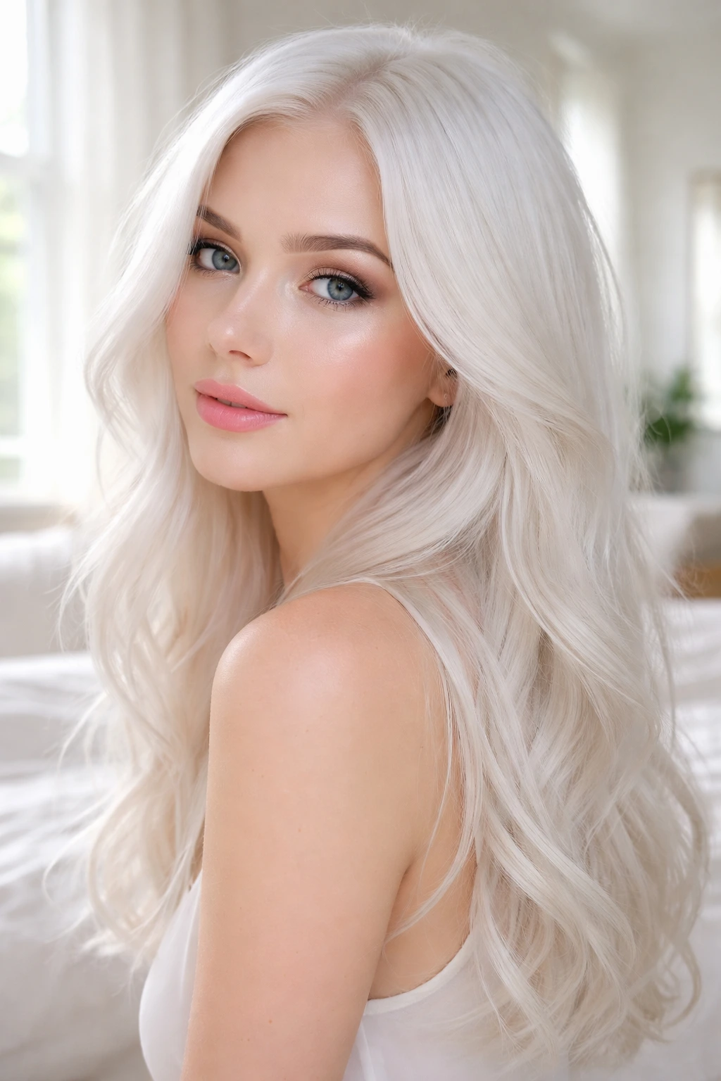 Close-up portrait of a real person with a translucent sheer white gloss hairstyle.