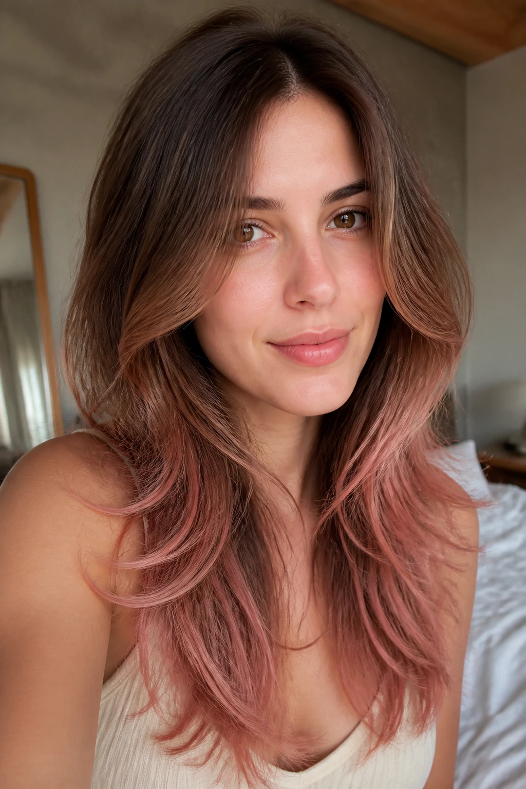 Brunette with shell pink feathered tips at the ends in a close-up