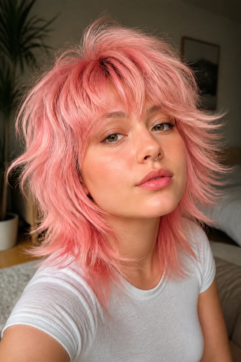 Close-up of a real woman with sherbet pink wolf cut, crown layers visible.