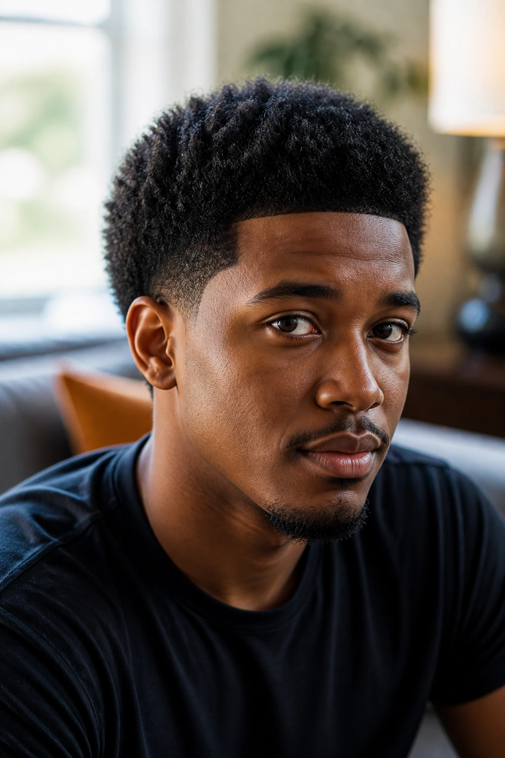 Close-up of a real man with a rounded short afro and sharp line-up in warm window light