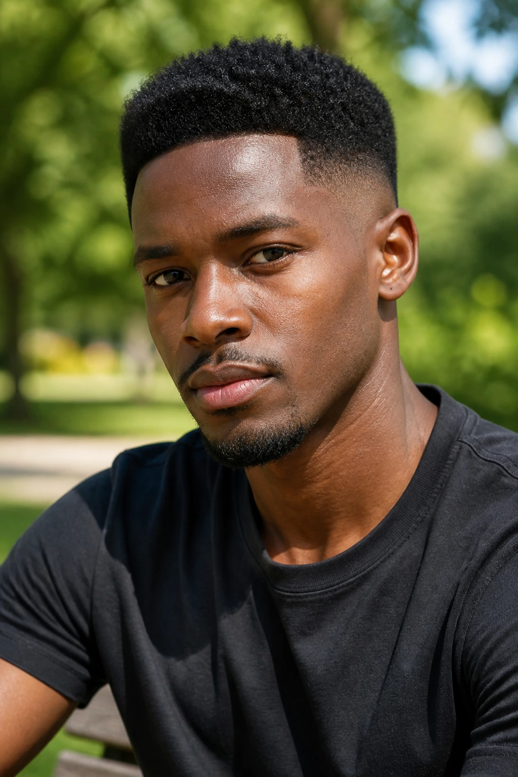 Medium close-up of Short Afro Fade with rounded afro and fade.