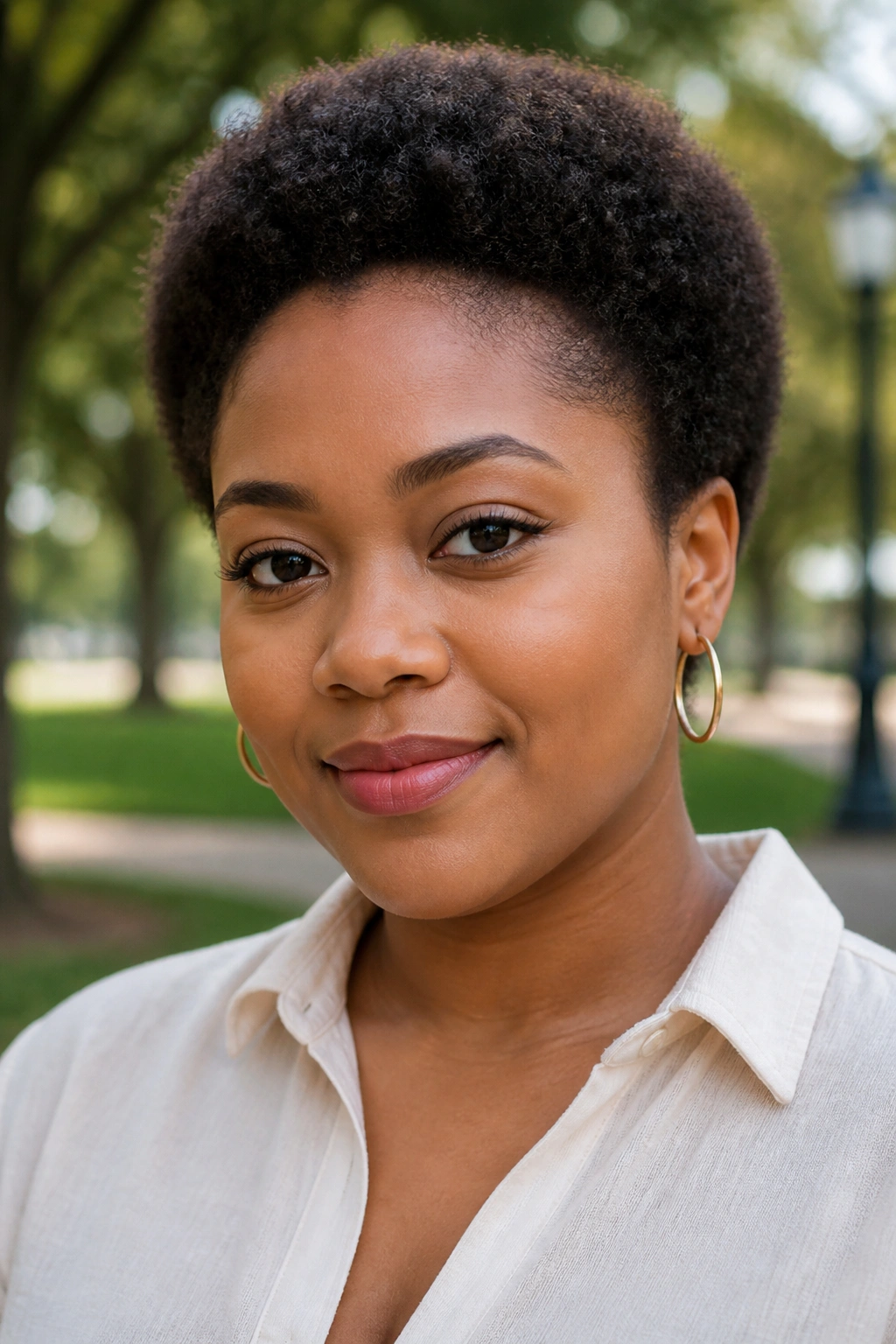 Close-up of a real person with a rounded short afro in daylight outdoors