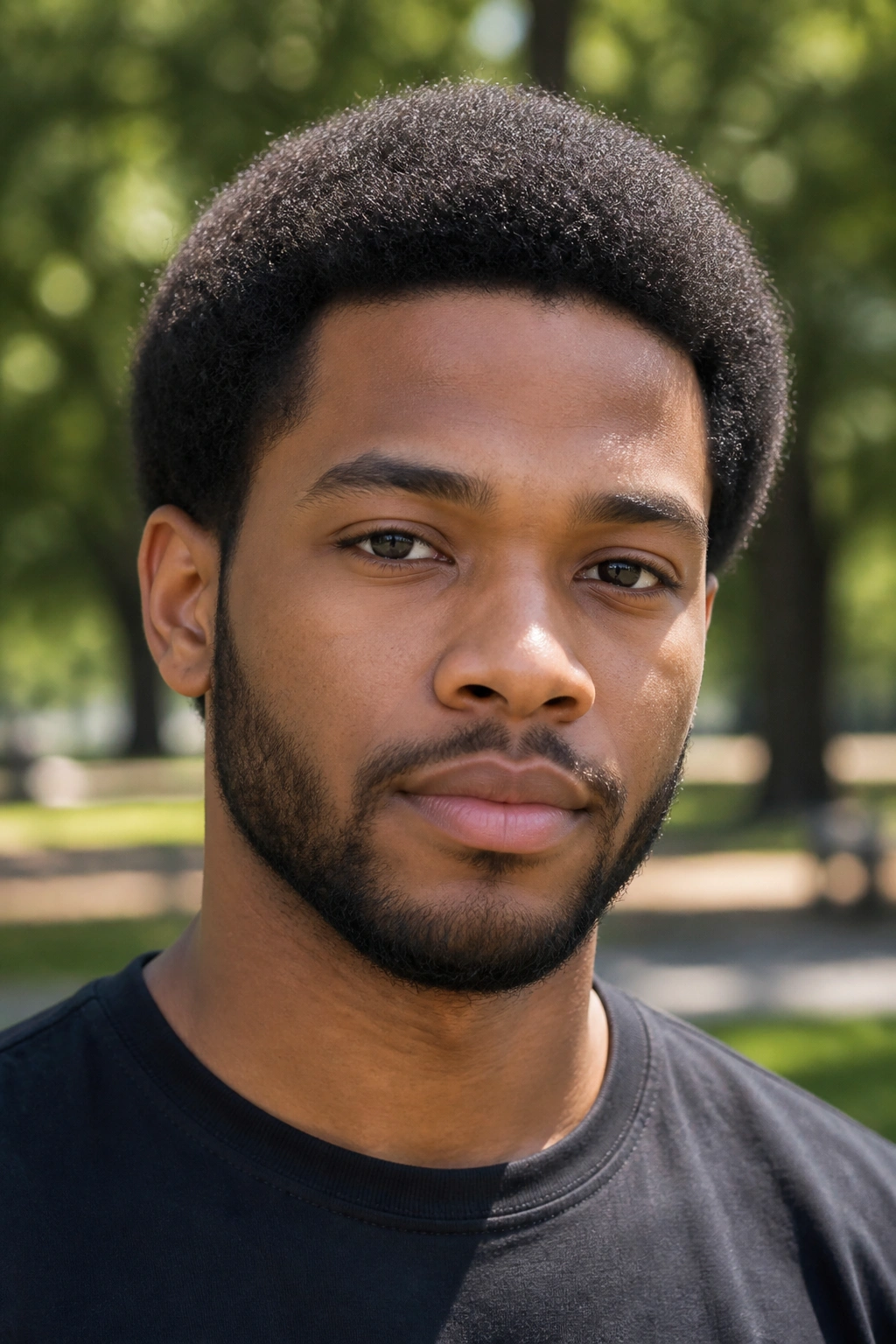 Close-up portrait of a man with a short afro hairstyle